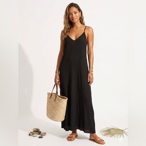 Lovestitch Black Rayon Slip Maxi Dress Adjustable Straps S/M
